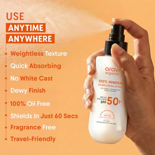 Aravi Organic 100% Mineral Sunscreen Spray SPF 50 - 3.3 Fl Oz | Water Resistant, Lightweight, No White Cast