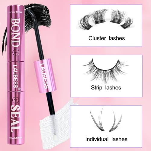 LAUBESS Waterproof 2-in-1 Black Lash Bond & Clear Seal for False Eyelash Clusters 5ml+5ml