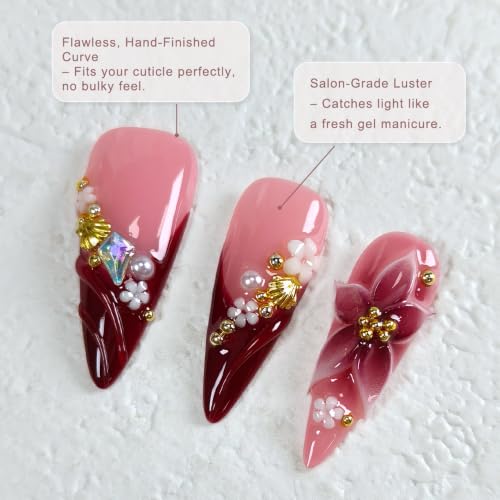 TENPAL Burgundy French Tips Long Stiletto Press-On Nails 3D Floral L