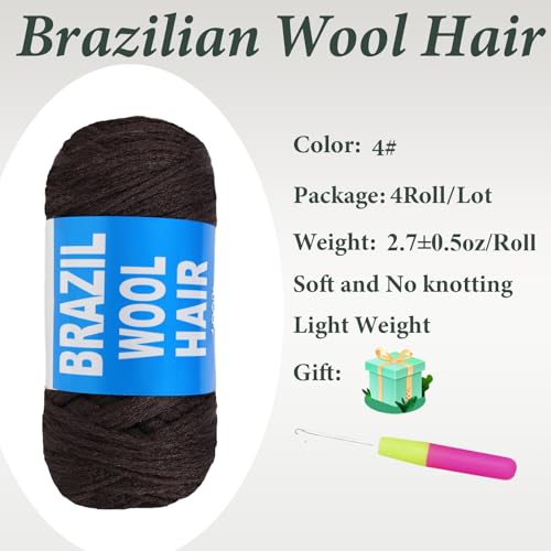 CUUKEA Brazilian Wool Hair Yarn for Braids, 4 Rolls - Coffee Brown