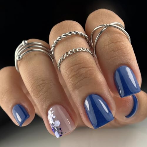 ZWENJIE Style-01 Short Square Blue Press-On Nails with Glitter Silver Rhombus Design 24Pcs