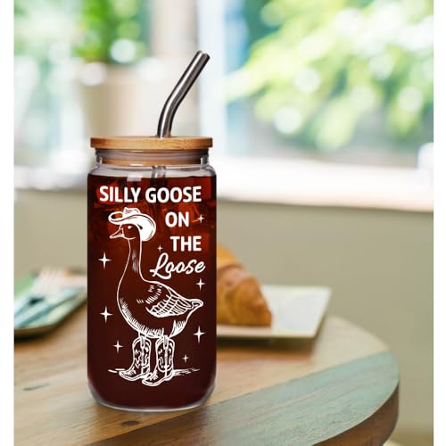 Funny Goose Glass Cup with Bamboo Lid & Straw - 16OZ Gift