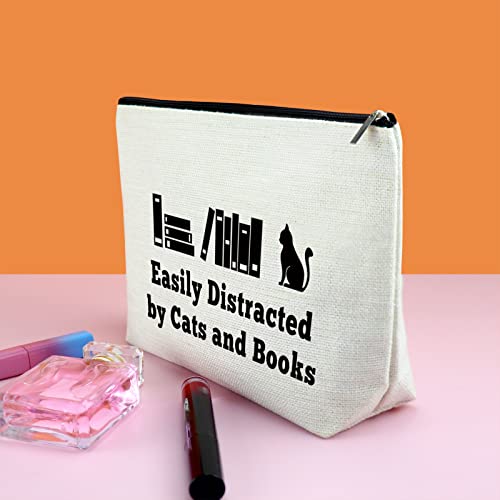 Easily Distracted by Cats and Books Makeup Bag - Cat & Book Lover Gift, Travel Cosmetic Pouch for Women