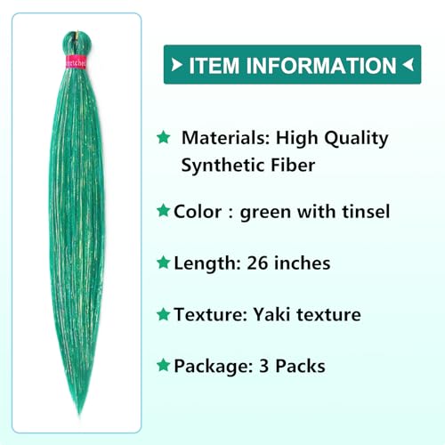 26 Inch Green Braiding Hair with Tinsel - Pre Stretched Yaki Extensions