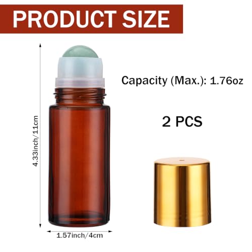 Green Crystal Roller Ball Amber Glass Roll On Bottles - 2 Pack, 1.7oz for Essential Oils & Skincare