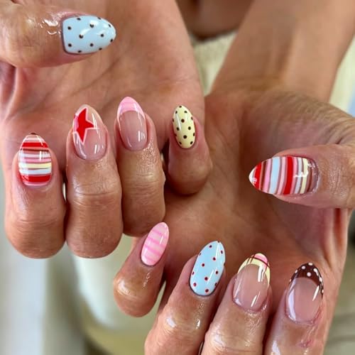 Medium Almond Press-On Nails with Polka Dots & Stripes - 24 Pcs