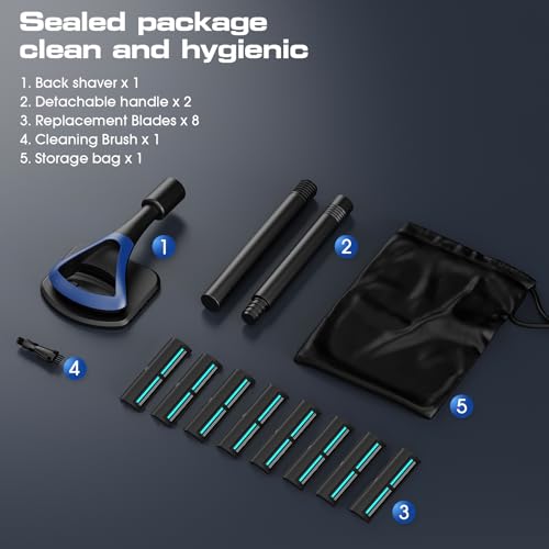 ZOMU Back Shavers for Men:Back Hair Shaver and Body Shavers for Men with Safety Blade Technology & Ergonomic DIY Long Handle, Wet or Dry Shaving - Blue (Replaceable 8PCS 3.5inch Blades Included)