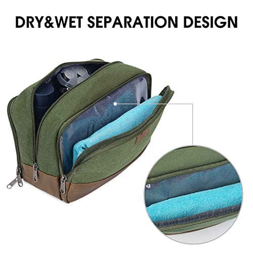 WANDF Green Travel Toiletry Bag for Men - Canvas Dopp Kit with Wet/Dry Separation