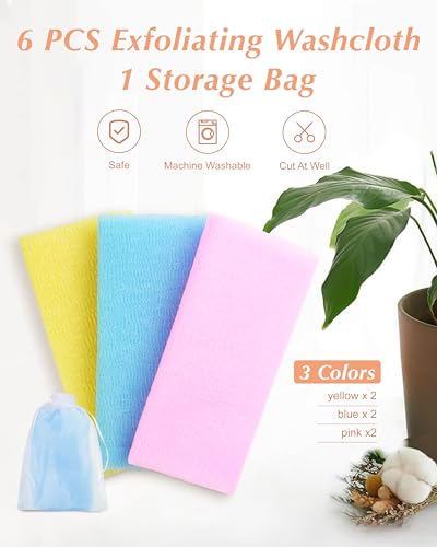 MoHern 6 Pack Exfoliating Washcloths 35 Inch Nylon Body Towels - Solid Color