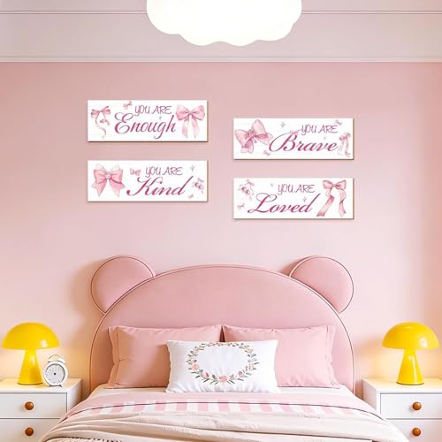 4-Piece Pink Bow Wall Decor Set with Positive Affirmations