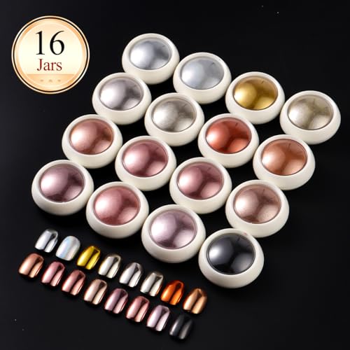 16 Jars Chrome Nail Powder Set with 8 Nail Art Brushes - Holographic Mirror Effect