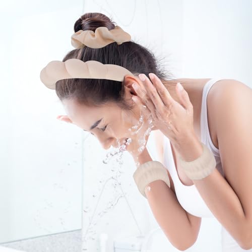 SuPoo 6pcs Khaki Spa Headband & Wristband Set - Soft Microfiber Face & Makeup Headbands