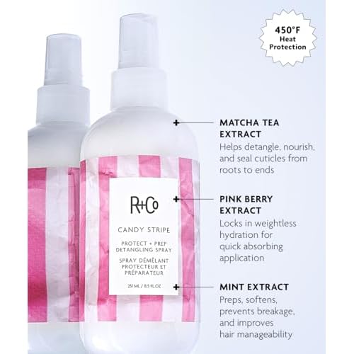 R+Co Candy Stripe Protect + Prep Detangling Spray | Instantly Detangles, Nourishes Hair, Prevents Breakage | Vegan + Cruelty-Free | 8.5 Fl Oz