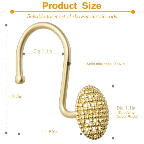 Pearlbee Gold Shower Curtain Hooks - 12 Heavy Duty Rustproof Zinc Alloy