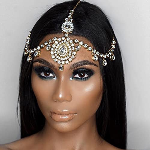 Gold Bridal Forehead Headpiece for Wedding with Rhinestones and Tassels - Xerling