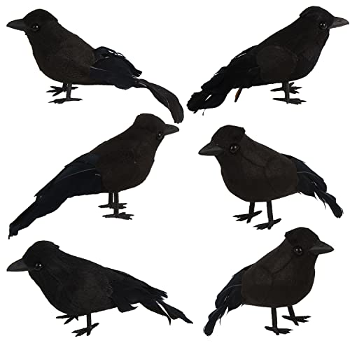 KIMOBER 6PCS Realistic Black Feathered Crows for Halloween Decor
