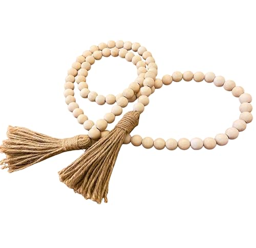 58-Inch Farmhouse Wood Bead Garland with Jute Tassels