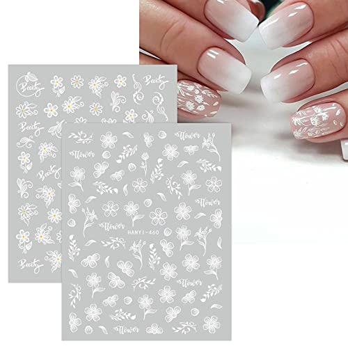 JMEOWIO 12 Sheets White Flower Nail Art Stickers - Self-Adhesive Designs for DIY Nail Art