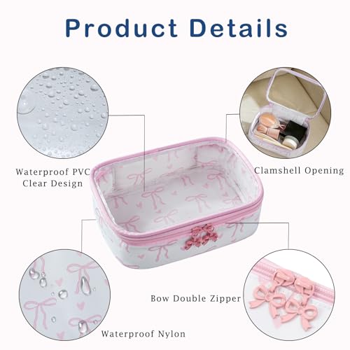 RSRSLEII Pink Clear Makeup Bag with Bow Pattern - Small Travel Cosmetic Organizer