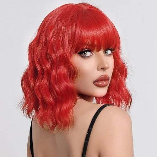 Ucubb Short Bob Wavy Wig with Bangs - Hong Style, Natural Look, 18 Inch, Synthetic Hair, Adjustable Fit for Women