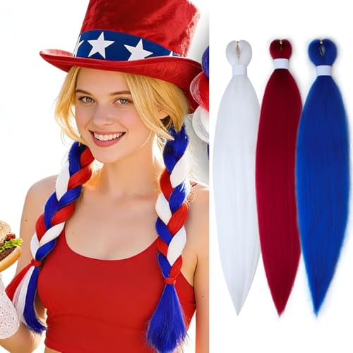 26 Inch Pre-Stretched Braiding Hair Extensions - Blue, White, Red (3 Pack)