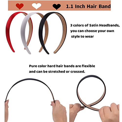 YVPSI Satin Headbands 3 Pack - Black White Wine Red, 2cm Wide Non-Slip Comfortable