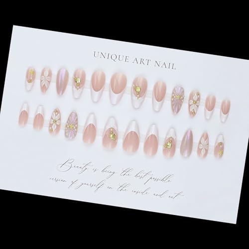 Rhspayh Press On Nails Medium Almond French Flower Starfish Design 24Pcs - Nails14