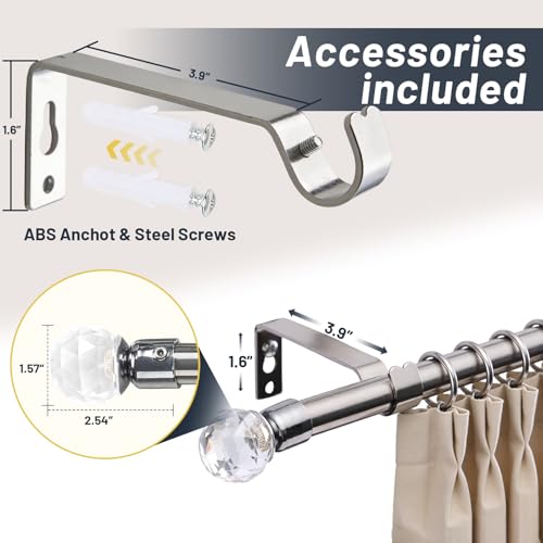 Adjustable 5/8" Single Curtain Rod 28-64" with Acrylic Diamond Finial