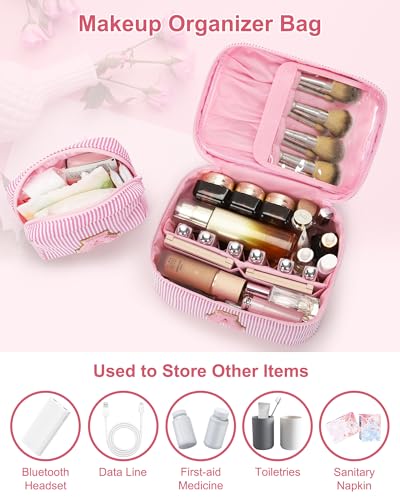 Personalized Initial Makeup Bag Set with Brush Holder - Pink 2PCS