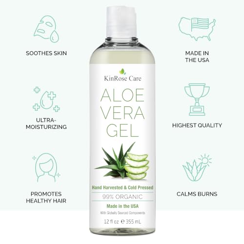 KinRose Care 12oz Aloe Vera Gel for Face Skin Hair Sunburn Relief - Pure Organic, Unscented, Vegan, Made in USA