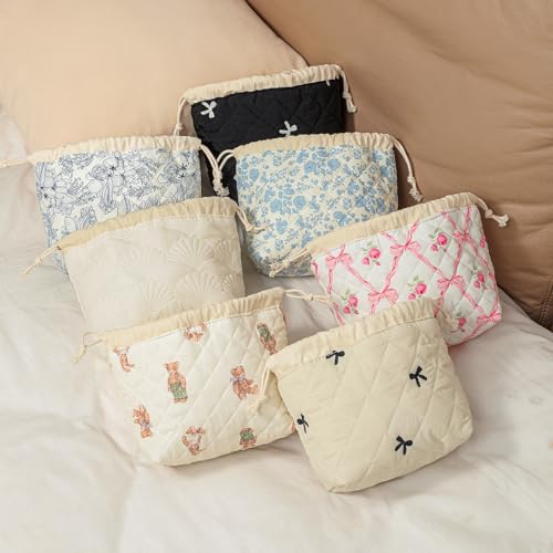 UEKEBOAG Pink Bows Cotton Quilted Drawstring Makeup Bag - Large, Foldable, Stylish Cosmetic Organizer