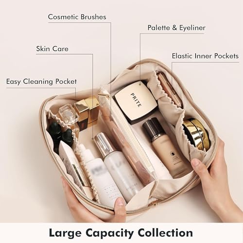 Prite Large Travel Makeup Bag, Waterproof Vegan Leather Cosmetic Organizer
