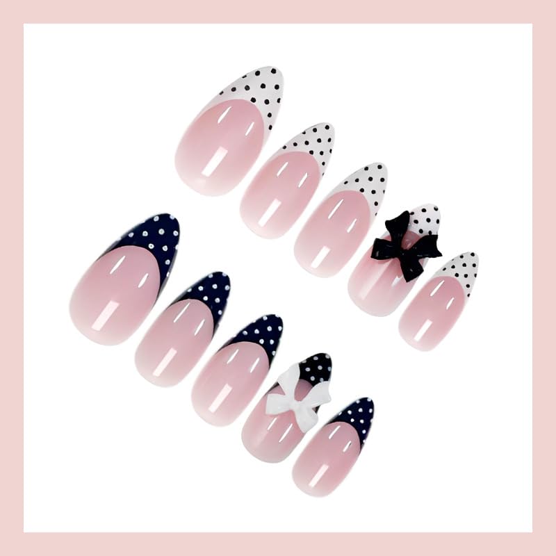 Tnampv Style 3 Medium Almond French Tip Press On Nails with Polka Dots - Black & White, Glossy Full Cover Fake Nails for Women, 24pcs