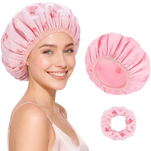Pengxiaomei Cherry Double-Sided Shower Cap - Reversible Pink waterproof cap, 32cm