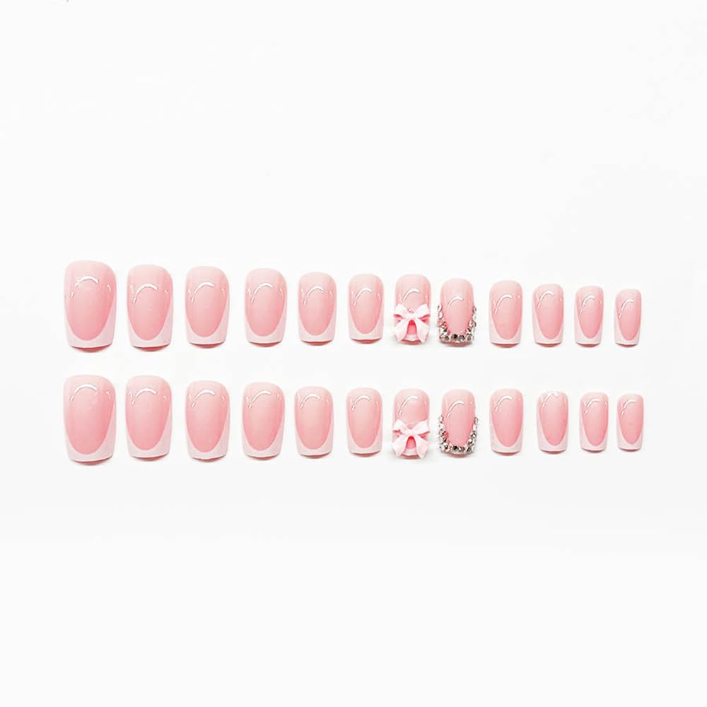 White French Tip Press-On Nails - 24 Pcs Medium Coffin Design with Bow Charms & Rhinestones | Pink Acrylic Full Cover