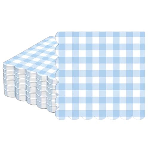 50Pcs Light Blue Plaid Scalloped Napkins - 6.5in Paper Party Supplies