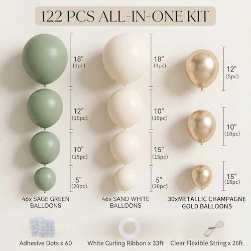 122Pcs Sage Green Cream Gold Balloon Arch Kit for Party Decor