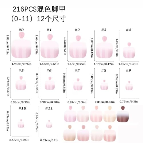 216 Pcs Ombre Press-On Toenails - Short Square Acrylic Nails