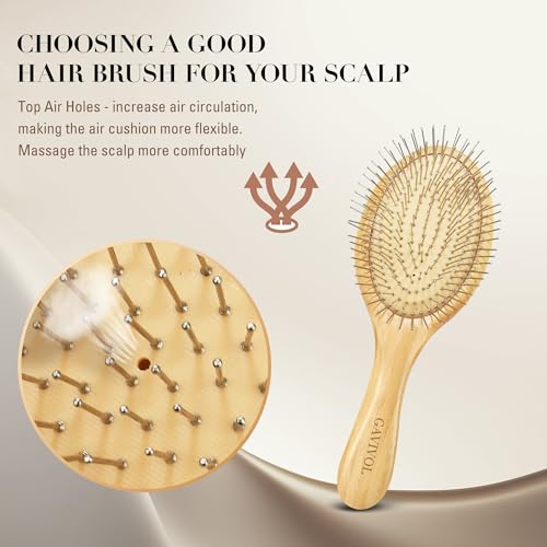 GAVIVOL Bamboo Paddle Hair Brush with Steel Bristles for All Hair Types