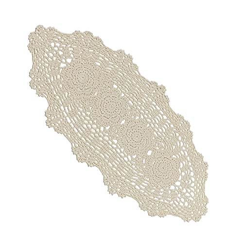Phantomon Handmade Cotton Lace Table Runner - Oval Doily, 12x24 Inch, Beige