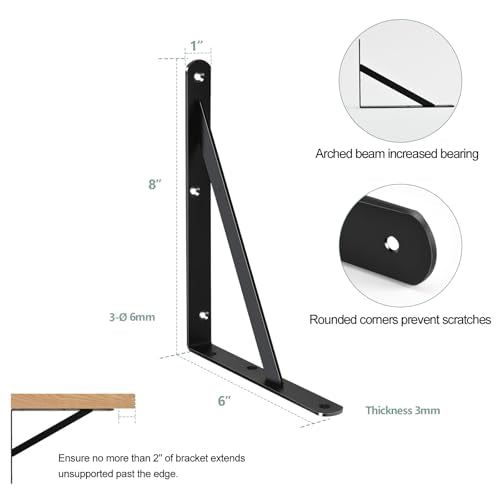 Heavy Duty 2-Pack Black Shelf Brackets - 8" x 6" Metal Support