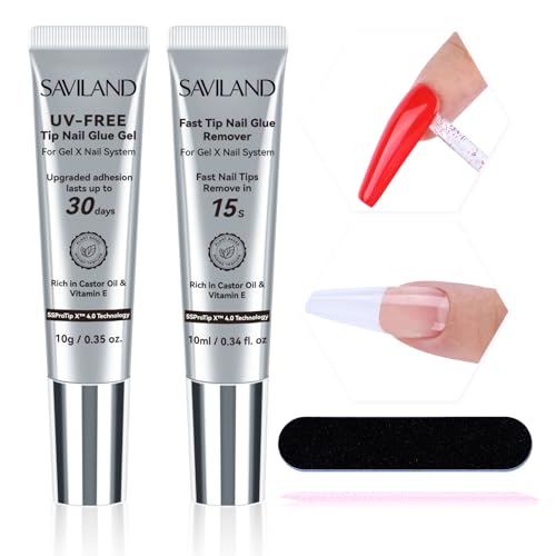 SAVILAND Long-Lasting Nail Glue Gel with Remover for Press-On Nails, No UV Needed