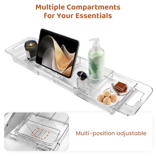 Foldable Acrylic Bathtub Caddy Tray, Expandable Bath Organizer 22-31.4in