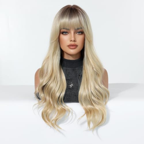 Osicapea Ombre Blonde Wigs with Bangs - 22 Inch Curly Heat-Resistant Synthetic Hair for Women, Cosplay & Daily Wear