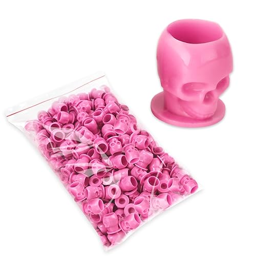 YILONG Skull 200pcs Disposable Tattoo Ink Cups with Stable Base Pink - 14mm Cap, 18mm Base