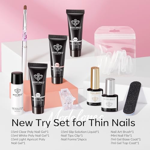 Modelones Poly Gel Nail Kit - Clear, White, Apricot with Slip Solution