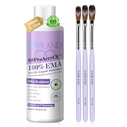 SAVILAND Pure EMA Acrylic Nail Liquid Kit 240ml with 3 Brushes - Low Odor, Non-Yellowing