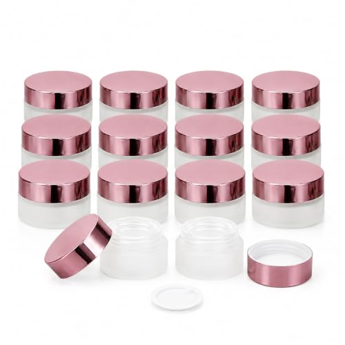 12-Pack 5g Frosted Glass Cosmetic Jars with Rose Gold Caps, Refillable Sample Vials for DIY Skincare & Makeup