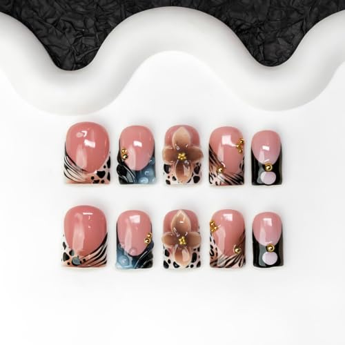 D-387-8 S: 10pcs Flower Leopard French Tip Press On Nails – Short Square Acrylic