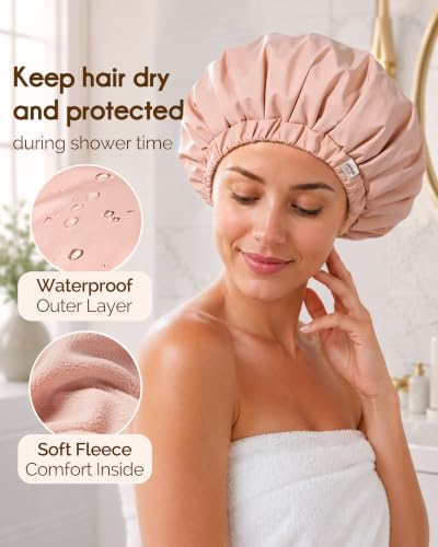 YANIBEST Adjustable Shower Cap with Fleece Lining - Large Peachy Pink